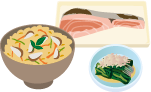 五目ご飯+魚の塩焼き+ホウレンソウのお浸し