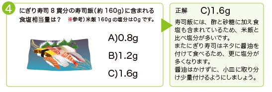 ⁴④醤油(濃口)小さじ1杯に含まれる食塩相当量は?